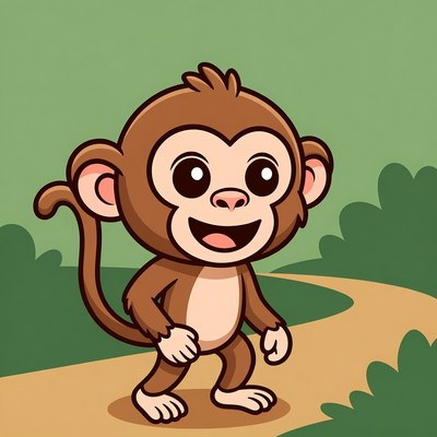 Cute cartoon monkey walking path