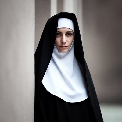Nun standing by pillar