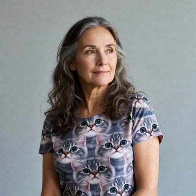 Woman wearing cat print t-shirt