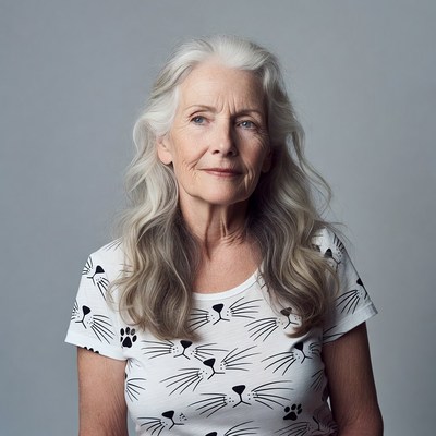 Elderly woman in cat print t-shirt
