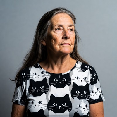 Elderly woman in black white cat shirt