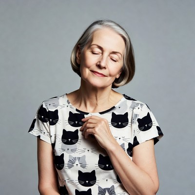 Elderly woman in cat print shirt
