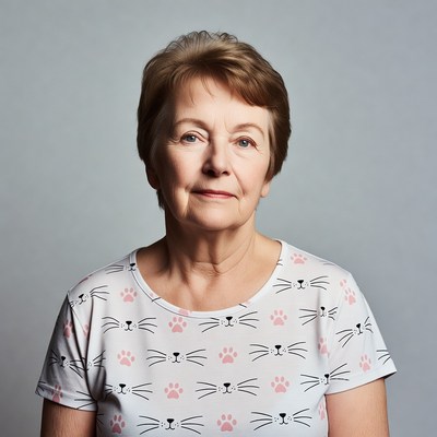 Elderly woman in cat print shirt