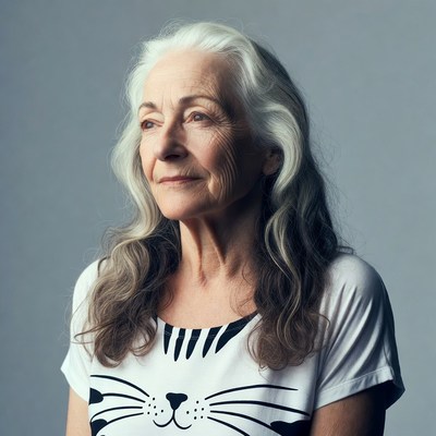 Elderly woman in cat t-shirt