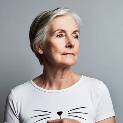 Elderly woman in cat face t-shirt
