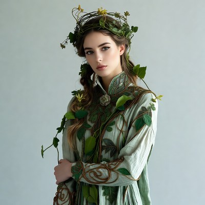 Woman in green ivy leaf dress