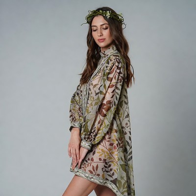 Woman in green leaf wreath and dress