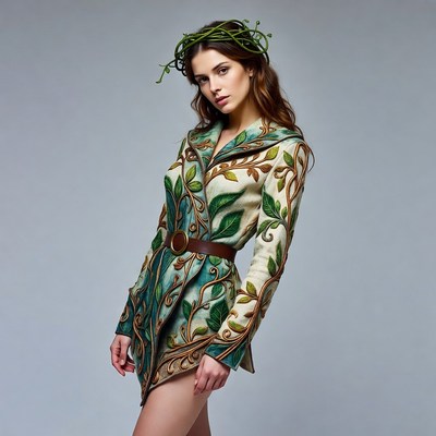 Woman in green leaf wreath and jacket