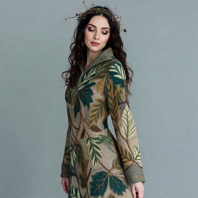 Woman in leaf-patterned coat with vine crown