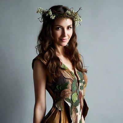 Woman wearing leaf flower crown dress