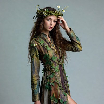 Woman in green leafy dress with floral crown