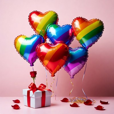 Rainbow Heart Balloons with Gift and Rose