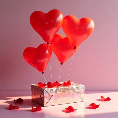 Red Heart Balloons on Gold Gift Box