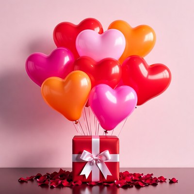 Heart Balloons Over Red Gift Box