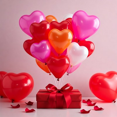 Heart Balloons Bouquet with Red Gift Box