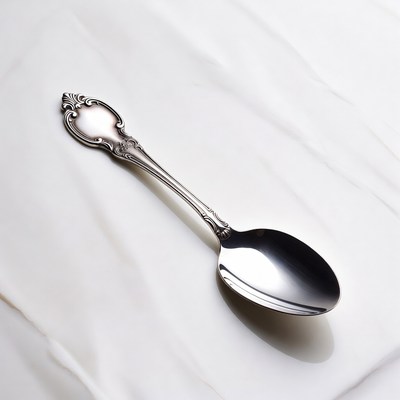 Silver ornate teaspoon on white marble