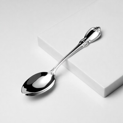 Silver ornate spoon on white surface
