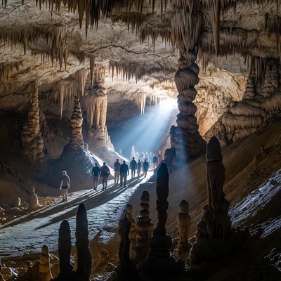 Tourists walking in stunning stalactite cave