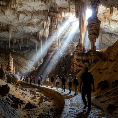 Tourists walking in stunning stalactite cave