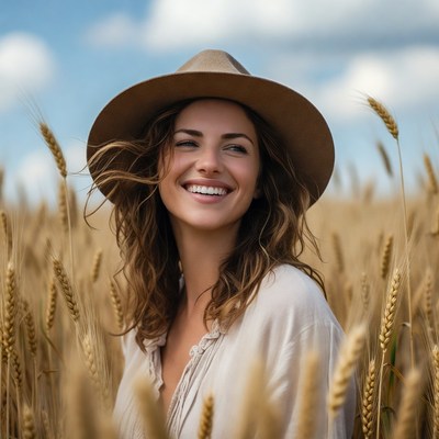 Smiling woman in hat wheat field