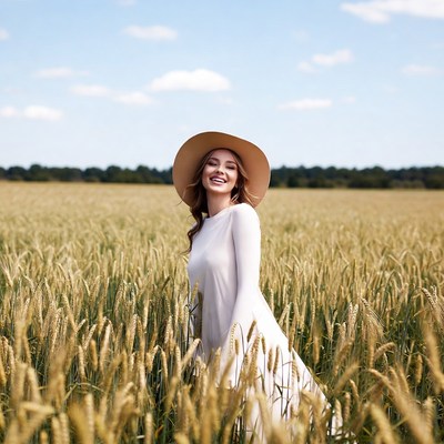 Woman in white dress wheat field