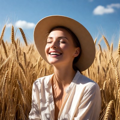 Woman smiling in wheat field with hat