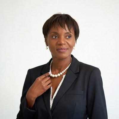 African-American woman in black suit necklace