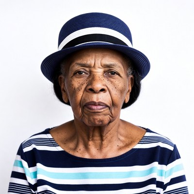 Elderly African-American woman in striped shirt and hat