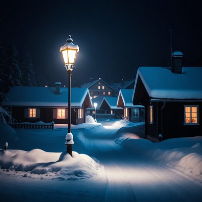 Snowy Village Street with Streetlamp