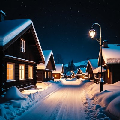 Snowy Wooden Cabins on Lit Village Path