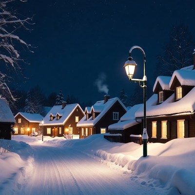 Snowy Village Street at Night