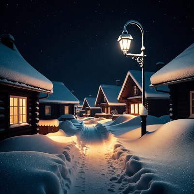 Snowy Village Path with Street Lamp