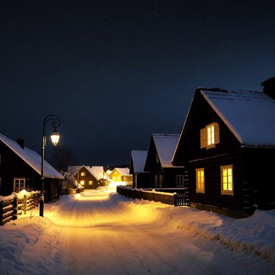 Snowy Norwegian Village at Night
