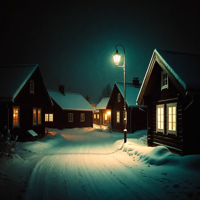 Snowy Swedish Cottages at Night