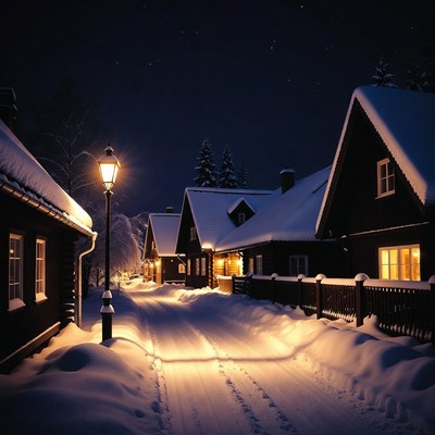 Snowy village street at night