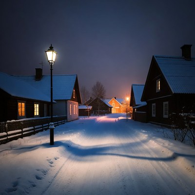 Snowy Village Street at Night