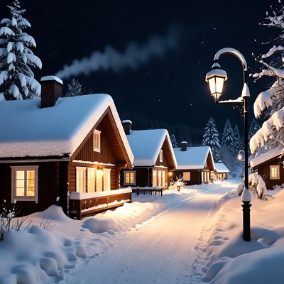 Snowy Wooden Cabins at Night