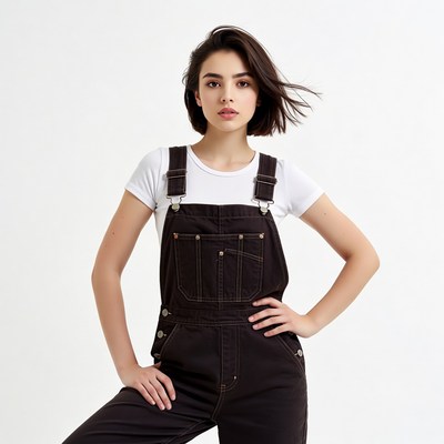 Woman in brown overalls and white shirt