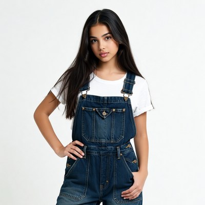 Asian girl in denim overalls