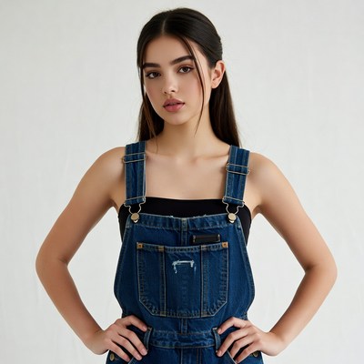 Asian woman in denim overalls