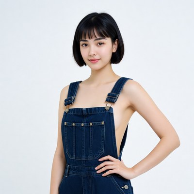 Asian woman in denim overalls