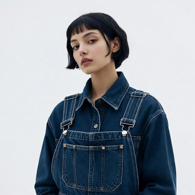 Asian woman in denim overalls
