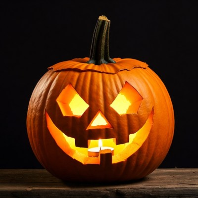 Lit Jack-o'-lantern on wooden surface