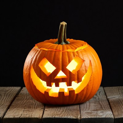 Lit Jack-o-Lantern on Wooden Surface