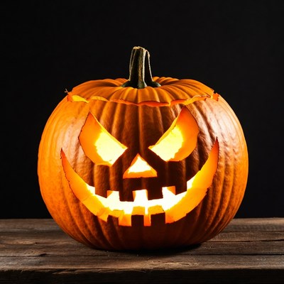 Lit Jack-o'-lantern on wooden table