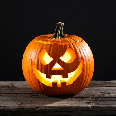Lit Jack-o-Lantern on Wooden Surface