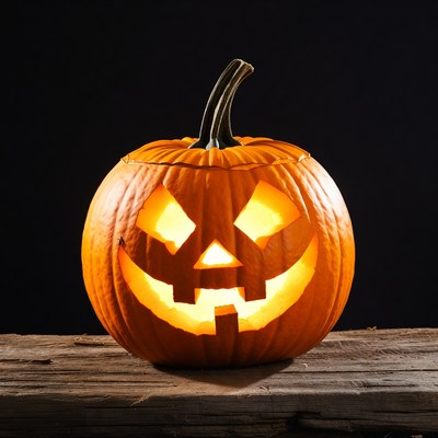 Lit Jack-o'-lantern on wooden surface