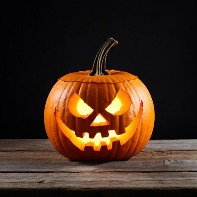 Jack-o'-lantern on wooden table