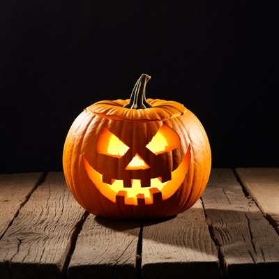 Lit Jack-o'-lantern on wooden table