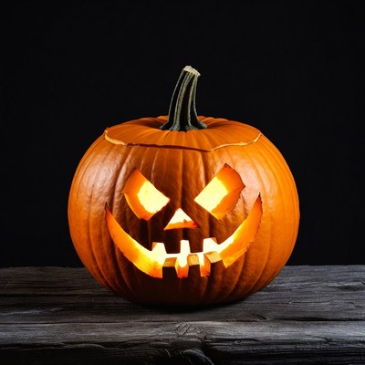 Lit Jack-o'-lantern on wooden surface